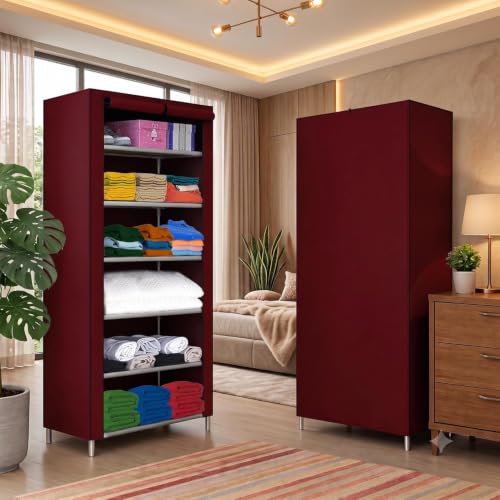 Image of YouCopia Collapsible Wardrobe 6 Shelves Storage Clothes Storage Rack Quick Wardrobe /Cabinet /Multipurpose Storage Rack, Foldable, Collapsible Fabric Organizer for Home Office (Maroon, 6-Layer)