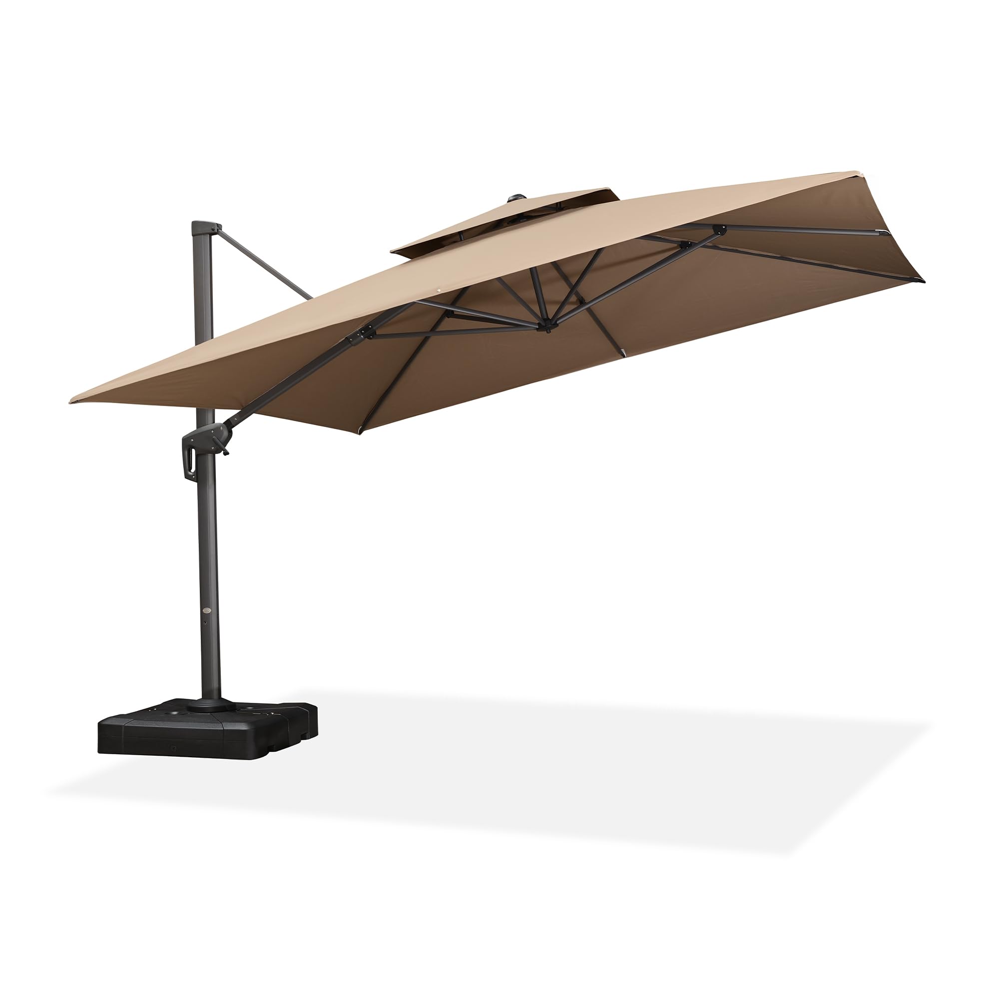 PURPLE LEAF Sonnenschirm 365 × 365 cm 6 Neigungsstufen mit Kurbel, Taupe | Leichtgängiger Aluminiumgriff, Ampelschirm 98 % UV-Schutz, 360° Drehbar, Doppeldach-Belüftung, Polyester Wasserabweisend