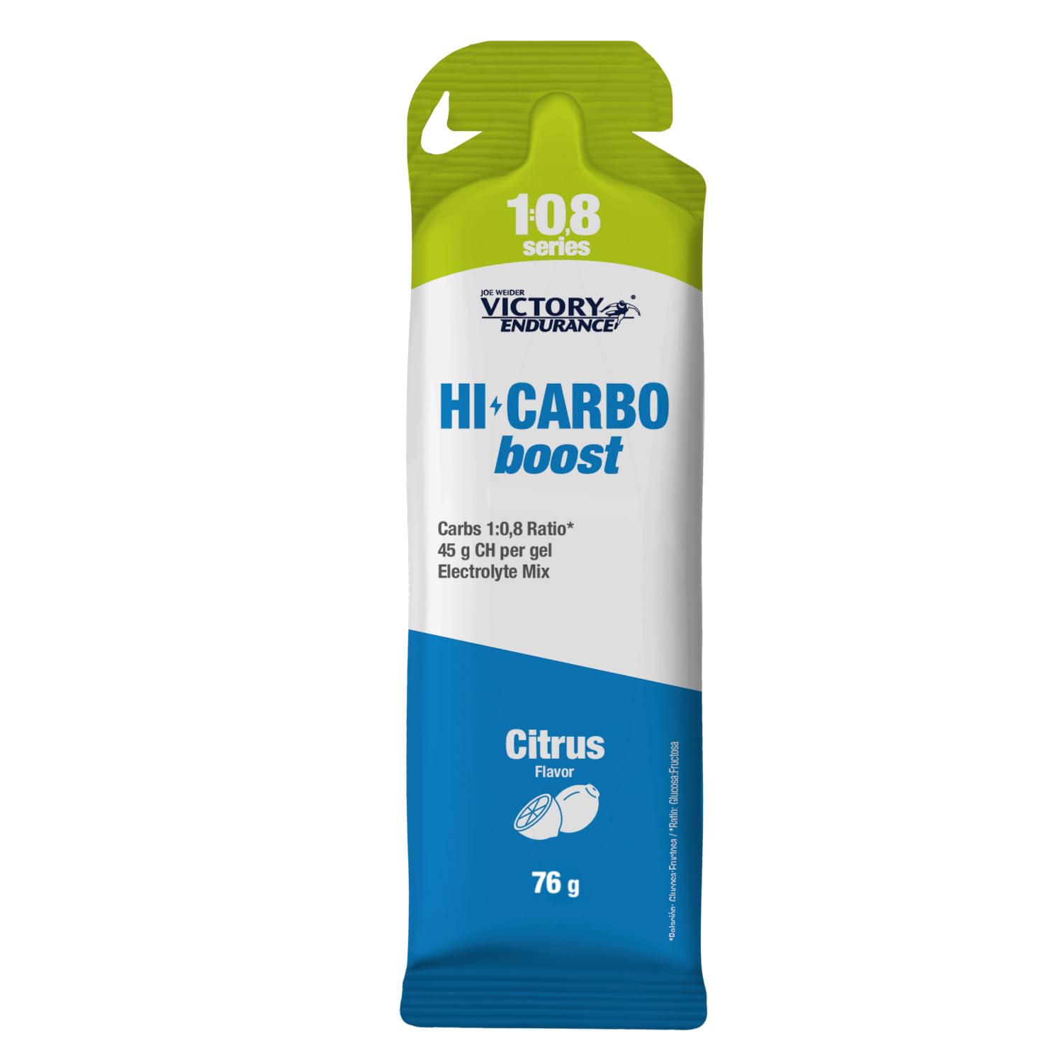 Victory Endurance HI Carbo Boost Gel 1:0,8 Series (12x76g) Sabor Cítricos Sin Cafeína, Alto en Carbohidratos con 45g/gel, 200mg sodio/gel, Energía inmediata, Aumenta Rendimiento, Disminuye Fatiga