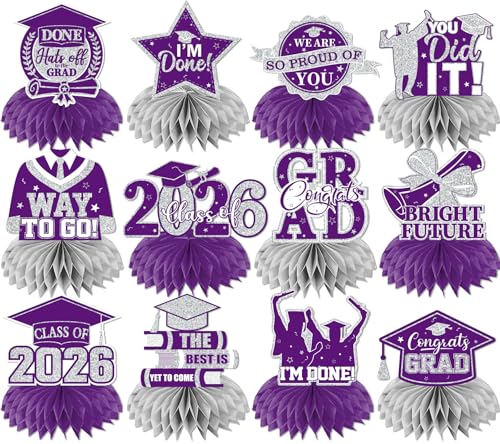 Image of 12pcs Graduation Table Decorations 2026, Purple Graduation Decorations 2026 Purple and Silver Graduation Centerpieces for Tables,Class of 2026 Centerpieces Honeycomb for Congrats Grad Table Decor