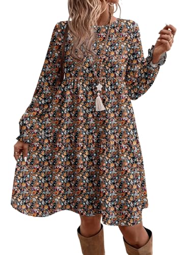 SweatyRocks Winterkleider Damen Große Größen Langarm Blusenkleid Herbst Blumenkleid Boho Herbstkleid A Linien Kleid Herbstmode Outfit Orange 3XL