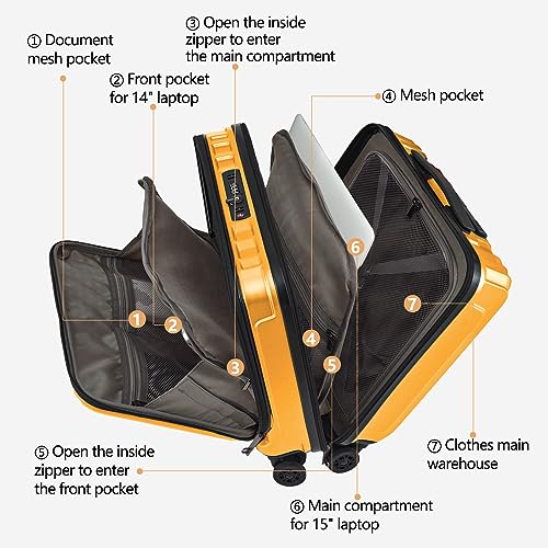 Image of Kaleenie 16 inch Carry on Luggage with 2 Laptop Compartments, ABS+PC Suitcase with Dual Control TSA Lock, YKK Zipper, Silent Wheels, for Business Travel, Orange
