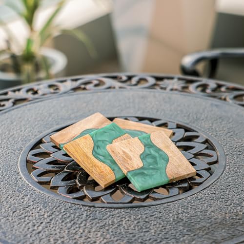 Image of Ireka Home Blue Wave Coasters (Set of 4) - Mango Wood & Turquoise Blue Resin, Coastal Tranquility Design - Elegant Kitchen & Coffee Table Decor for Coffee Cups, Mugs & Glasses