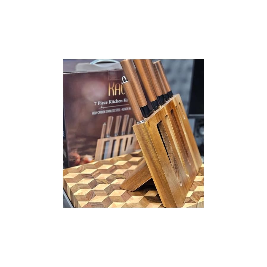 Knife-Set-with-Block-KAV-7pc-Kitchen-Knives-and-Sharpening-Rod-Stainless-Steel-Knife-Set-in-High-Carbon-Matte-Black-Chefs-Slicing-Bread-Utility-Knifes-Modern-Wooden-Block-Open-Face Knife Set with Block, KAV 7pc Kitchen Knives and Sharpening Rod, Stainless Steel Knife Set in High Carbon Matte Black, Chef's Slicing Bread Utility Knifes, Modern Wooden Block Open Face