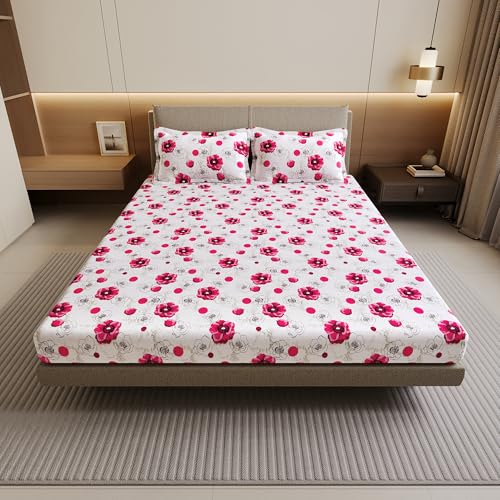Image of Divine Casa 144 TC Cotton Double Bedsheet with 2 Pillow Covers | Soft Breathable Wrinkle Free Bedsheet for Double Bed | Printed Bed Sheet Set for Bedroom | 222 x 254 cm (Pink Blossom, Floral)