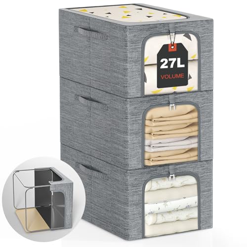 Image of GoMaihe Clothes Storage Bins Metal Frame: 3-Pack Compact Stackable Closet Storage Bin with Lid & Clear Window, Space Saving Organizer for Sweaters Kids Clothes (Dorm /Closet 27L)