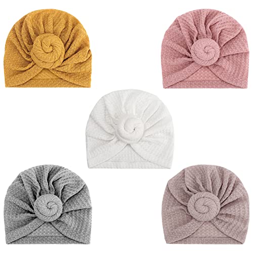 Image of DRESHOW BQUBO 5 Packs Baby Turban Hats Waffle Hat Newborn Stretch Headgear Turban Bun Knot Baby Infant Beanie Baby Girl Soft Cute Toddler Cap