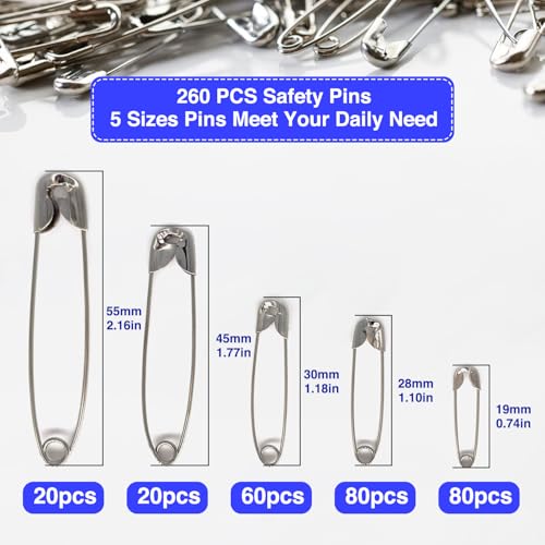 Sicherheitsnadeln 260 Stück 5 Größen NäHzubehöRstifte Aus Vernickeltem Stahl für Handwerk Pinning Säumen Dressmaking Nähen Sicherheitsnadel Set (260, Silber)