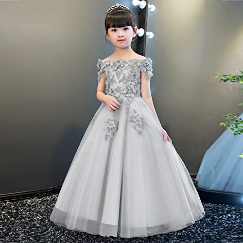 Flower Girl Dress Embroidery Lace Applique Beaded Off Shoulder Long Pageant Formal Wedding Party Dresses for Kids Baby Bridesmaid Birthday Communion Floor Length Tulle Ball Gowns Gray 9-10 Years2