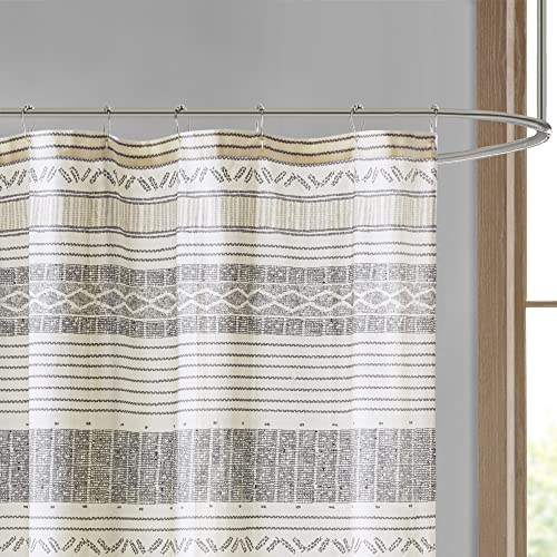 Image of Ink+Ivy Cody 100% Cotton Shower Curtain, Boho Chic Printed Striped with Tassel Pompom, Fringes Trim, Modern Bathroom Decor, Machine Washable 72 inch x 72 inch Grey /Yellow