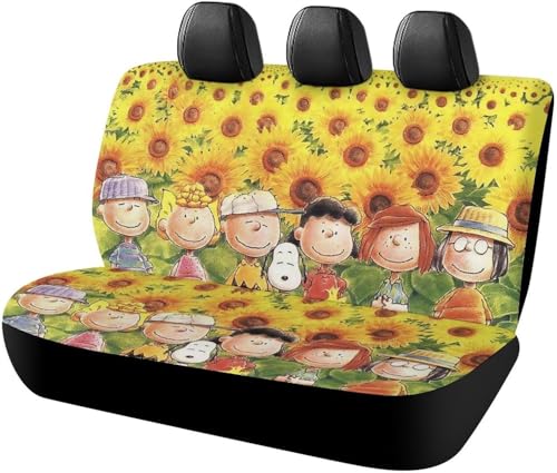 後部座席カバー カーシートカバー ピーナッツ スヌーピー ひまわり 車用ベンチシート 後席クッションカバー リアシートカバー 軽/普通車/SUV後部座席対応 取付簡単 通気 汚れに強 滑り止め 車シード保護 人気 四季通用