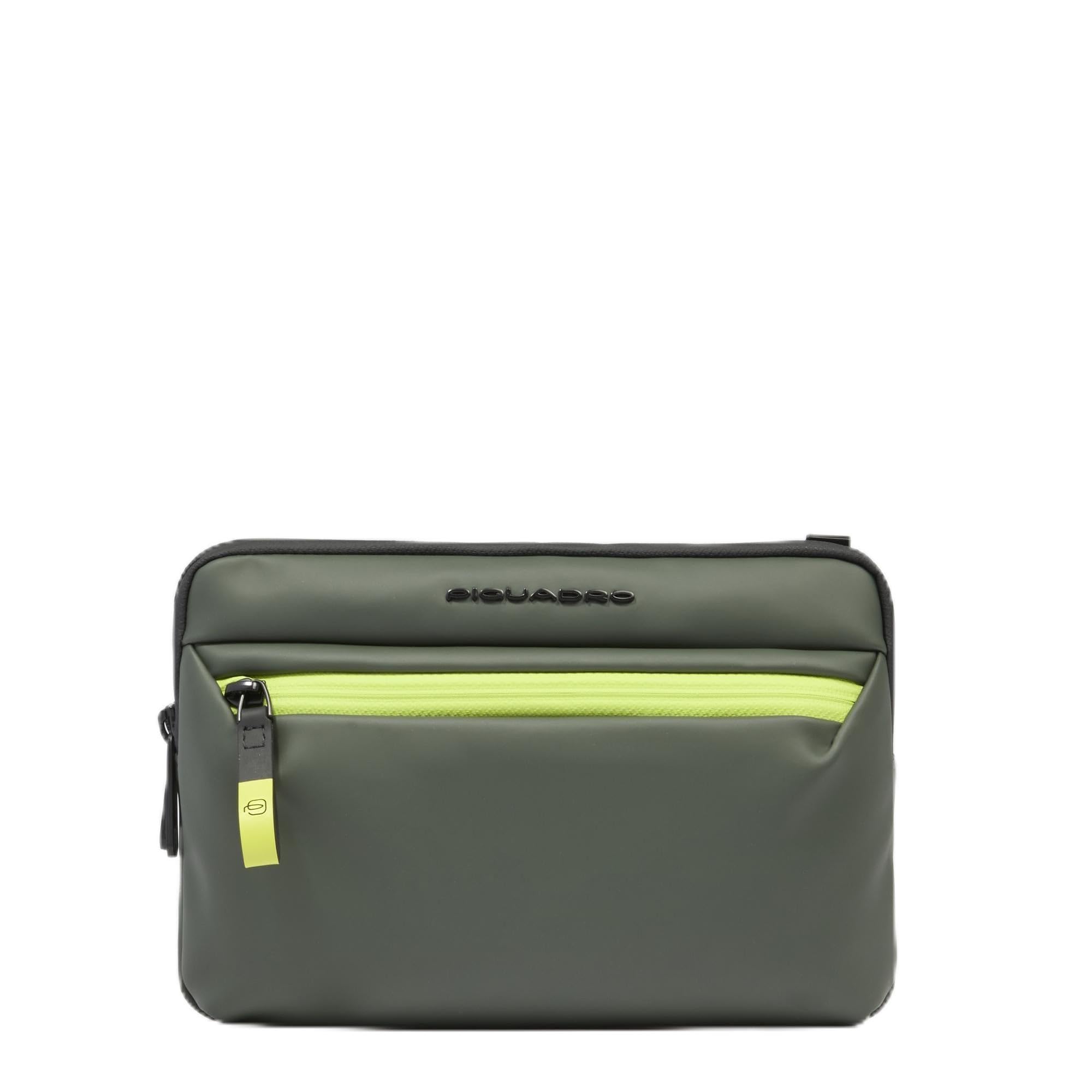 PIQUADRO – Bolsa de Mano Compatible con iPad® Mini para tabletas – Tela Impermeable con Goma – 2 Compartimentos – Correa de Hombro Desmontable – Color Verde – Compacta y Protectora