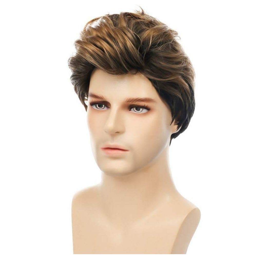 Siudus Mens Brown Short Wig Said Part Natural Layered Hair Wig Fluffy Heat Resistant Synthetic for Daily Use - Image 3