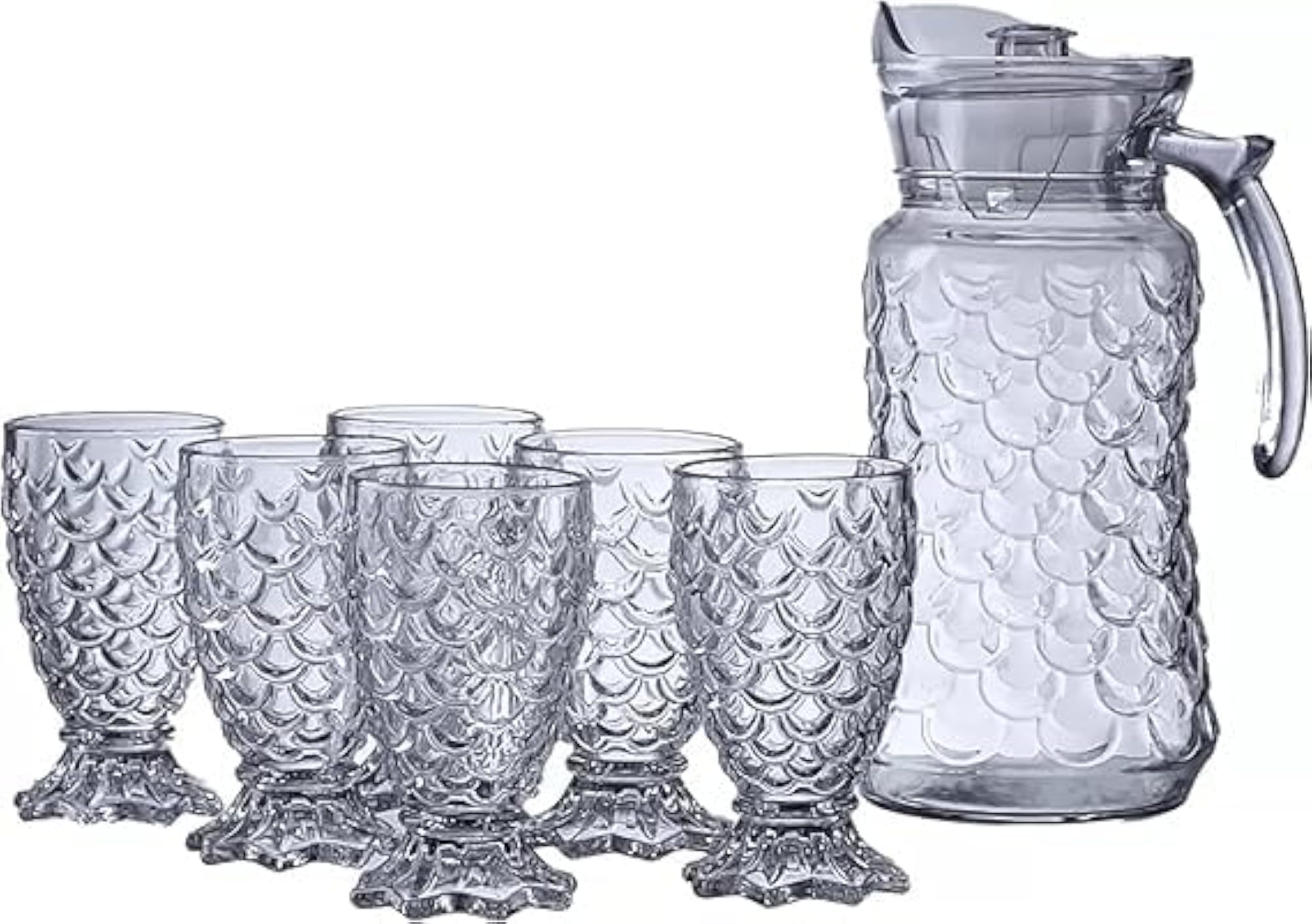 Italian Glass Beverage Set, 6 Glasses and Pitcher, Crystal Pattern