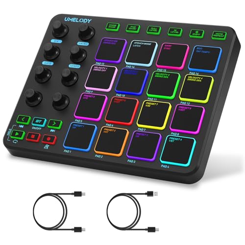 Umelody JP-1 MIDI Pad Controller with Wireless Connection, 16 RGB Beat Pads for Music Production, Portable Beat Maker for Beginners, Finger Drumming, Sampling, Looping on Laptop, Tablet, Phone