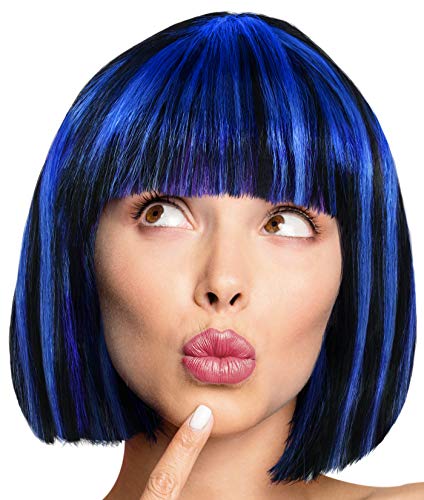 Perruque Bob Wig Cabaret Tête de groom Perruques Charleston pour le Carnaval/Mardi Gras & Fête à thème - 18 COULEURS (Noir avec des mèches bleues)