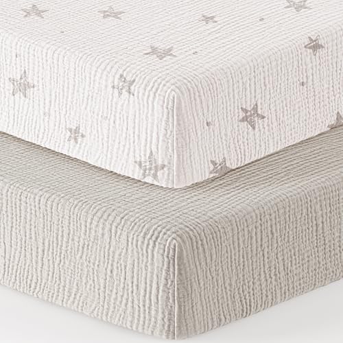 Image of Bearmoss Muslin Mini Crib Sheets for Pack N Play Mattress - 100% Cotton - 38 inchx26 inch Soft Breathable Playard Baby Crib Sheets Neutral for Boys Girls - 2 Pack (White Star)