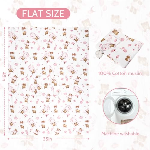 Image of Car Seat Cover Baby Girls Boys, Summer Cotton Baby Car Seat Cover for Carseat, Comfortable Muslin Nursing Cover, Soft Baby Blanket, Breathable Lightweight Infant Stroller Canopy, Pink Bear