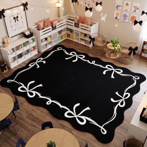 Klyyo Clyro 8 x 12 ft Large Classroom Rug for Elementary Pastel Classroom Carpet Back to School Decor Preschool Educational Area Kids Non-Slip for Daycare Nursery Playroom (Bow Black and White)