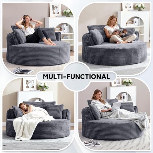 Image of Oversized Round Chair Lounge Chaise Indoor, 53.5 inch Upholstered Corduroy Deep Seat Single Cloud Sofa Chair, Fluffy Modern Large Circle Boneless Sleeper Sofa for Living Room, Bedroom, Dark Grey