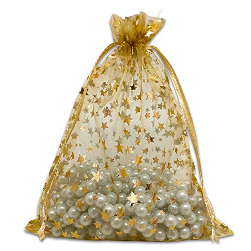 100-Pack 6x8 Sheer Organza Drawstring Gift Bags (Large) - Metallic Stars (Gold/Gold) - Wedding Party Favors, Jewelry, Candy, Treats Mesh Pouch by The Display Guys