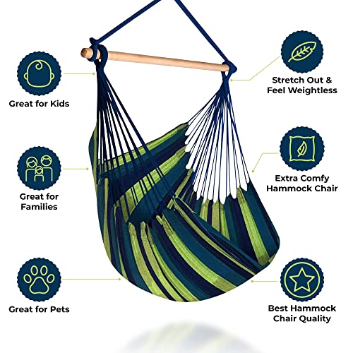 Hammock Sky Large Brazilian Hammock Chair Cotton Weave - Extra Long Bed - Hanging Chair for Yard, Bedroom, Porch, Indoor/Outdoor (Blue & Green) Hammock Sky Large Brazilian Hammock Chair Cotton Weave - Extra Long Bed - Hanging Chair for Yard, Bedroom, Porch, Indoor/Outdoor (Blue & Green)