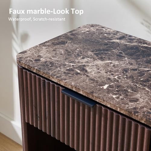 Image of Fluted Nightstand Set of 2, 23 inch W Night Stand with Drawer, Wood Bed Side Table with Faux Marble-Top, Curved Corner, Metal Handle, Modern Bedside Table for Bedroom, Living Room, Office, Dark Oak