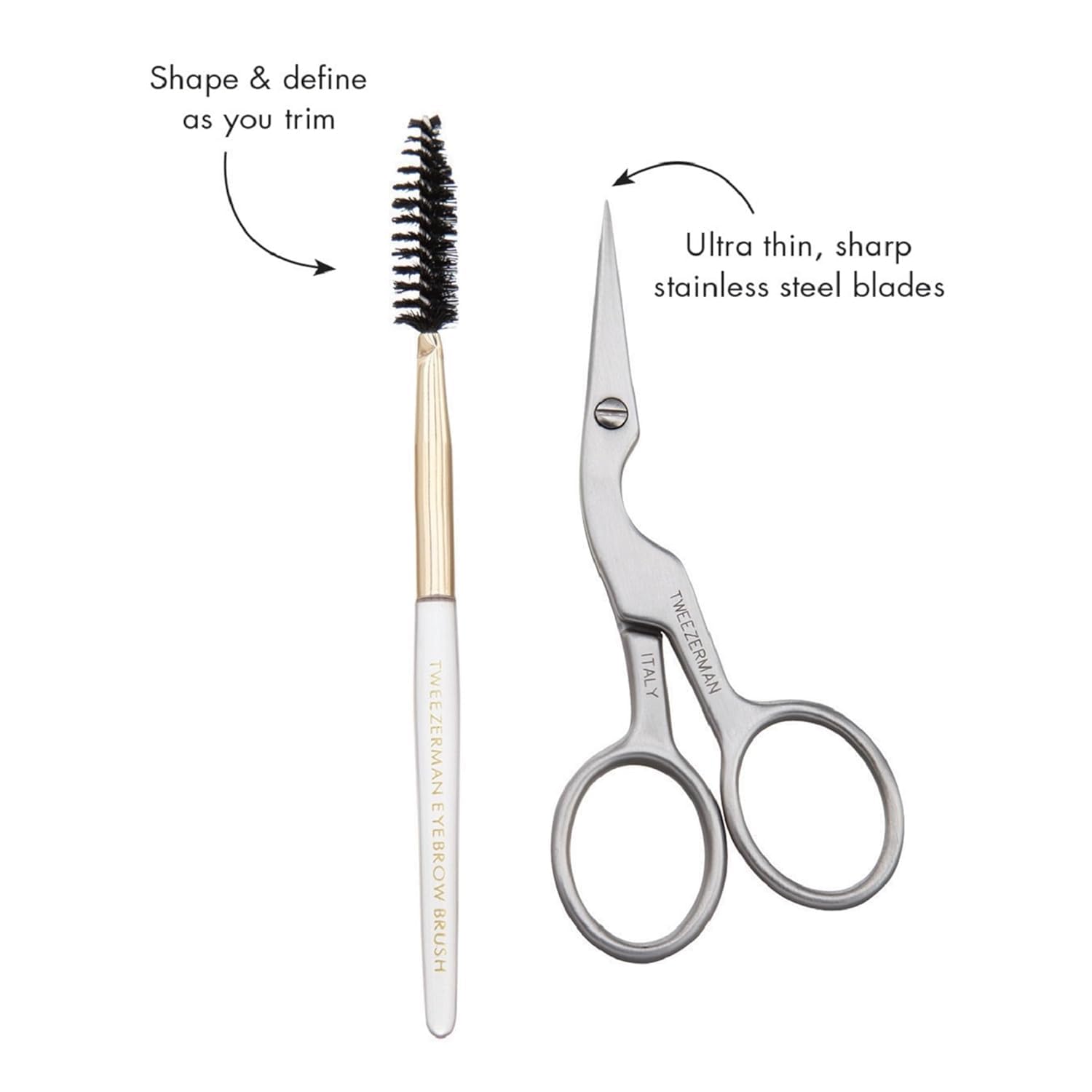 TWEEZERMAN Tijeras para cejas & cepillo para cejas (puntas de precisión, recorte, acero inoxidable), plata