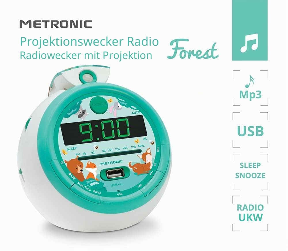 METRONIC Forest 477343 Radiowecker FM USB Projektion Dual Alarm Grün S