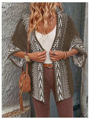 Image of WDIRARA Women's Tribal Boho Cardigans Open Front Knit Lightweight Short Sleeve Kimonos Sweater
