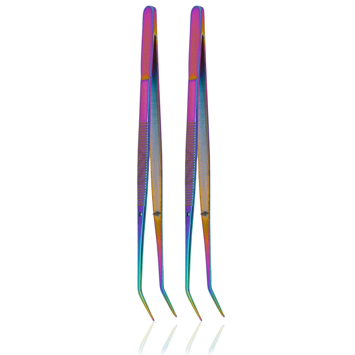 AAProTools Titanium Rainbow Color Stainless Steel Tweezers, with Curved Serrated Tip Multipurpose Tweezers Sewing Machine Tweezers Forceps for Craft Repairing (2PCS)