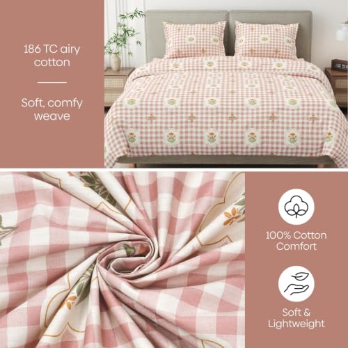 Image of Haus & Kinder Double Bed Bedsheet for Queen Size Bed, Queen Size Bed Sheet with 2 Pillow Covers 90 Inch x 100 Inch | Premium Soft & Silky Pure Cotton 186 TC Double Bedsheet | Floral Gingam