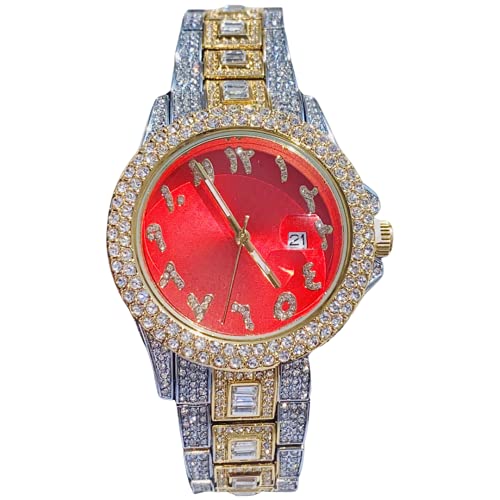 Men's Round Gold Silver 2 Tone Red Arabic Dial Wrist Watch Band Luxury Baguette CZ Diamond Iced Bracelet Watch Roman Numeric Dial Watch For Men Women Hip Hop Rapper Choice, Custom Fit, Bust Down Watch