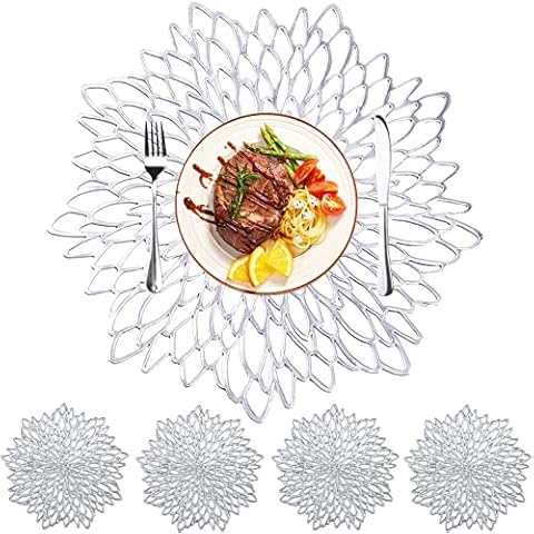 MI CASA 8 Pcs Round Placemats and Coaster Sets Leaf Silver PVC 4 Table Placemats + 4 Coasters Vinyl Heat Resistant Anti-slip and Washable Place Mats for Kitchen Wedding Christmas Table Decoration Cover
