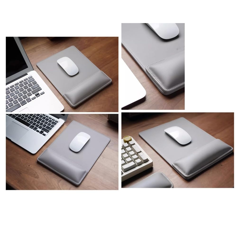 Ergonomisches Leder-Mauspad mit Handgelenkstütze, rutschfeste Gummiunterseite, Memory-Schaum, wasserdichte Oberfläche für Gaming, Büro, Grau