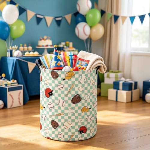 Image of Round Laundry Basket Collapsible Storage Hamper Green Grid Baseball | Waterproof Canvas Foldable Baskets with sturdy Handles Multi-scene Organizer for Home Play Bedroom Gift Bin