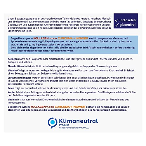 Doppelherz system KOLLAGEN 11.000 CURCUMA + INGWER – Vitamin C trägt zur normalen Kollagenbildung für eine normale Funktion von Knorpeln und Knochen bei – 2 x 30 Trinkfläschchen