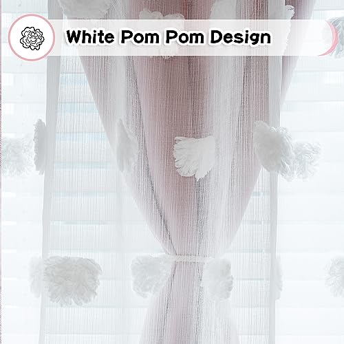 Image of MYSKY HOME Light Blocking Pink Curtains for Living Room White Sheer Pom Pom Kids Room Decor Drapes 102 Inches Long Double Layer Curtain for Sliding Door Grommet Window Panels Set of 2 52 inch x 102 inch
