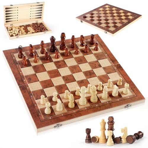 EVERGD 3-in-1 Wooden Chess Set XL Large Portable Chess Backgammon and Checkers Folding Board Game Set 39cm x 39cm for Adults & Kids Travel & Home Game
