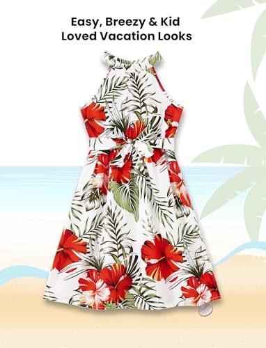 Image of PATPAT Family Matching Beach Outfits Mommy and Me Hawaiian Dress Boho Tropical Palm Leaf Print Floral Halter Maxi Sundresses Red Flower Vacation Cocktail Hawaiian Dresses for Toddler Girl 3t 4t