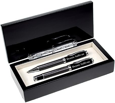 Executive Gift Shoppe Personalized Black Glass Ballpoint & Rollerball Pen Set | Custom Engraved Double Pen Set with Carbon Fiber Box