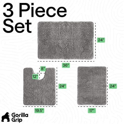 Image of GORILLA GRIP Bathroom Rug Sets 3 Piece, Bath Mat Set and Oval Toilet Base with Rubber Backing, Plush Absorbent Shaggy Chenille Washable Mats, Includes 24x19.5, 24x17 and 36x24 Inch Rugs, Grey