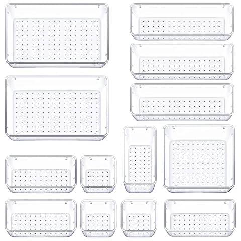 LgowithU 13 PCS Clear Plastic Drawer Organizer Set,5 Sizes Desk Drawer Divider Organizers and Storage Tray for Makeup, Jewelries, Utensils in Bedroom Dresser, Office and Kitchen Cover