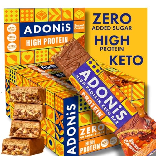 Barritas Keto Adonis Caramelo y Cacahuete – 16 x 45g | Barritas proteicas bajas en carbohidratos | 9g de proteína, 2g de azúcar | Apto para dieta keto, alto contenido en fibra | Sin azúcar añadido