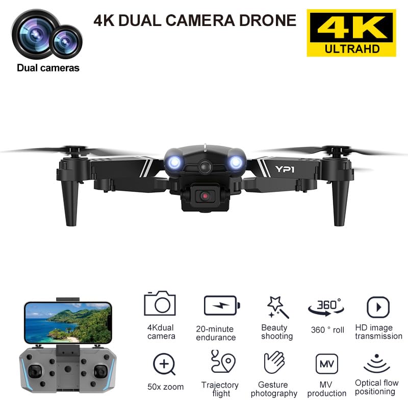 Wltoys YP1 Mini Drone/Helicopter/Quadcopter 4K HD Camera Four-sided Obstacle Avoidance Air Pressure Fixed Height Professional Foldable Quadcopter Toys (4k-B-Dual+OFP)