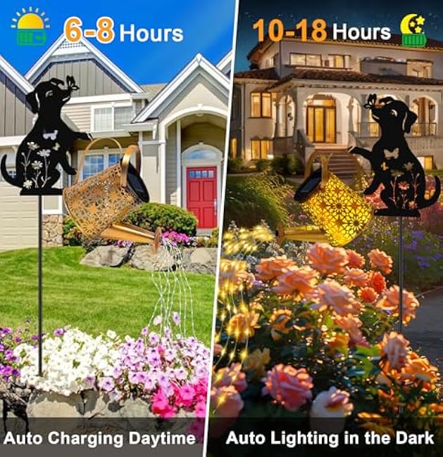 Solar Lights Outdoor Decorative, Watering Can with Cascading Lights, with Dog Silhouette Garden Stakes, Waterproof Metal Garden Decor for Yard Art, Outside, Patio, Lawn Ornaments(1 Pack)