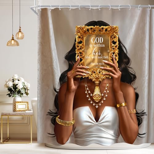 Cinbloo African American 60Wx72H Shower Curtain Black Girl Golden Mirrow Inspirational Quotes Modern Black Woman Fashion Positive Girly Bathroom Curtain Set Afro Lady Bath Bathroom Accessories Decor