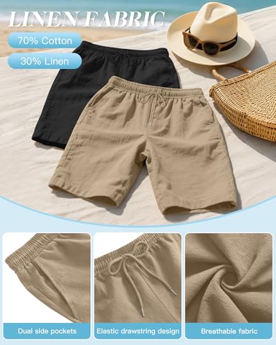 Ficerd 2 Pack Cotton Linen Big and Tall Shorts for Men Drawstring Elastic Waist 7" Summer Beach Bermuda with Pockets2