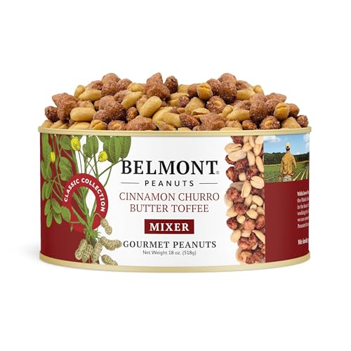 Image of Belmont Peanuts Gourmet Cinnamon Churro Butter Toffee Mixer with Cinnamon-Coated Sea Salt and Butter Toffee Virginia Peanuts, 18 oz (1 Pack) - Simple Ingredients, No Preservatives, Hand Seasoned