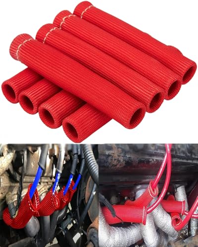 Image of Spark Plug Wire Heat Sleeve - 8 PCS 2500 Spark Plug Wire Heat Shield, 6 Inches Spark Plug Wire Boots Protector Protection Cover Replacement for LS1 / LS2 SBC BBC 350 454 Car Truck, Red